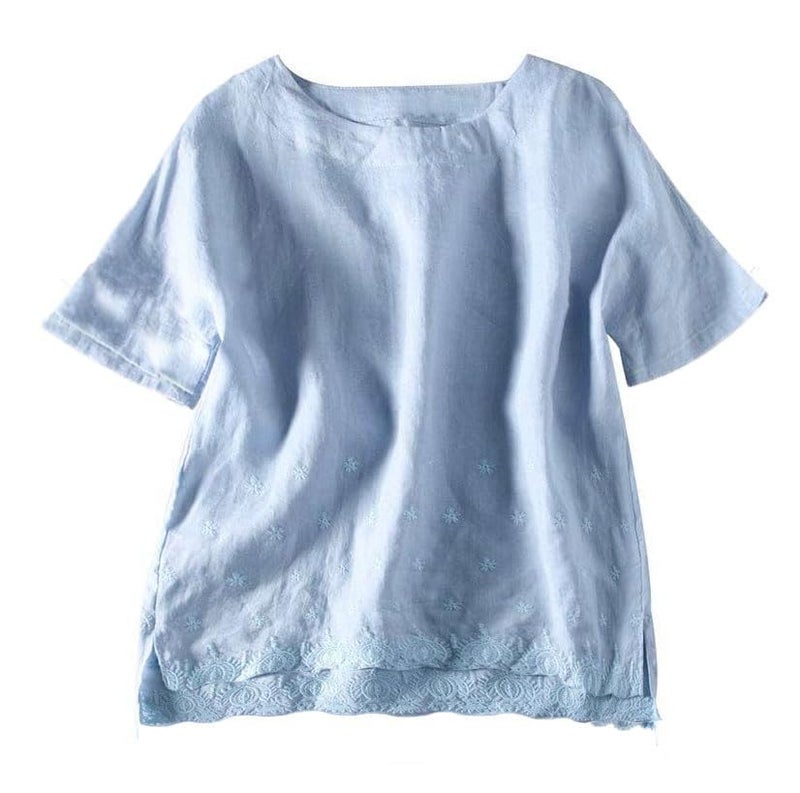 Minibee Women's Summer Linen Tunic Shirt High Low Hem Embroidery Blouse Top Blue M - Image 1